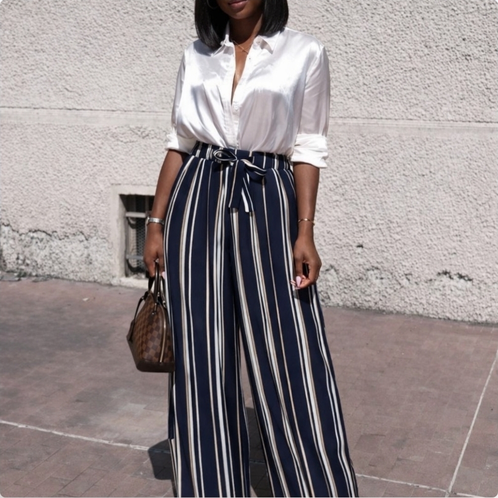 Nautical Stripe Flowy Palazzo Pants High-Waisted Wide-Leg with Side Slits Size S
